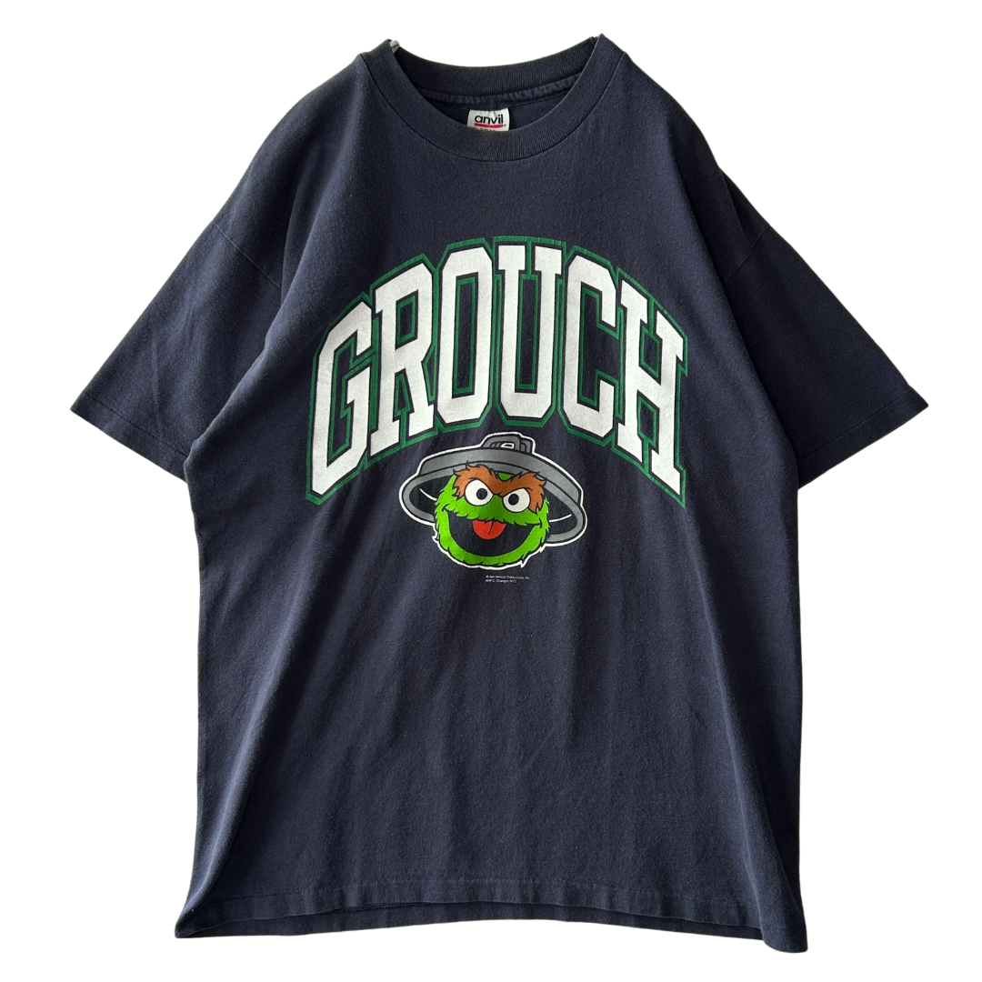 90's anvil GROUCH オスカー・ザ・グラウチ セサミストリート キャラクターTシャツ 紺 (L)/B2080T-SO
