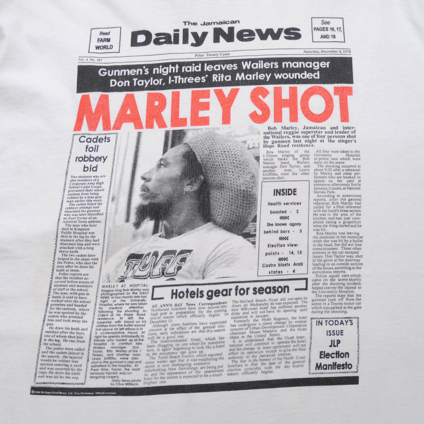 Bob Marley The Jamaican DailyNews"MARLEY SHOT"Tシャツ 白(XXL)/A2729T