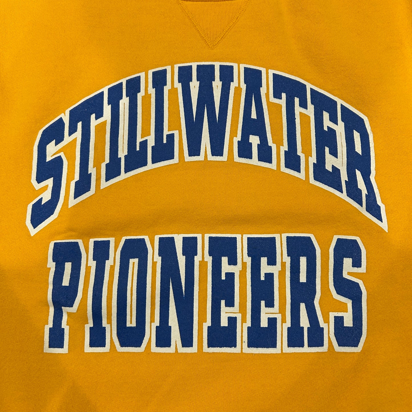 90's RUSSELL ATHLETIC "STILLWATER PIONEERS" カレッジ スウェット イエロー (M)/A6712S-SO
