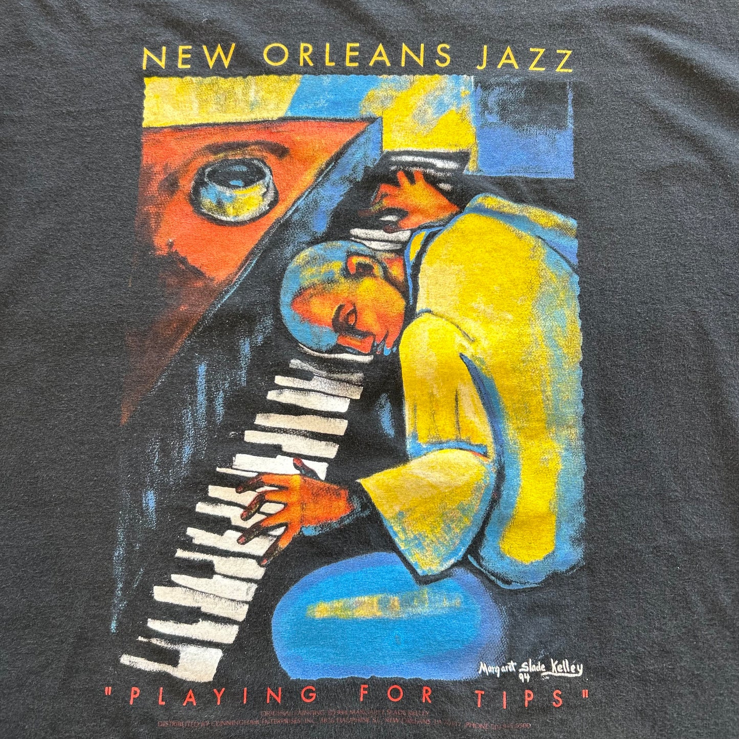 90's "PLAYING FOR TIPS" by Margaret Slade Kelley アートTシャツ JAZZ 黒/B2284T-SO