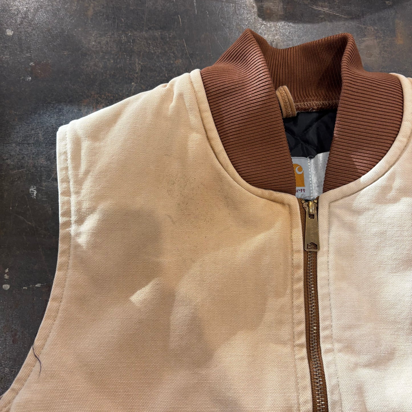 90's Carhartt work vest ダック ワーク ベスト 腰ゴム ベージュ(L)/A6707V-SO