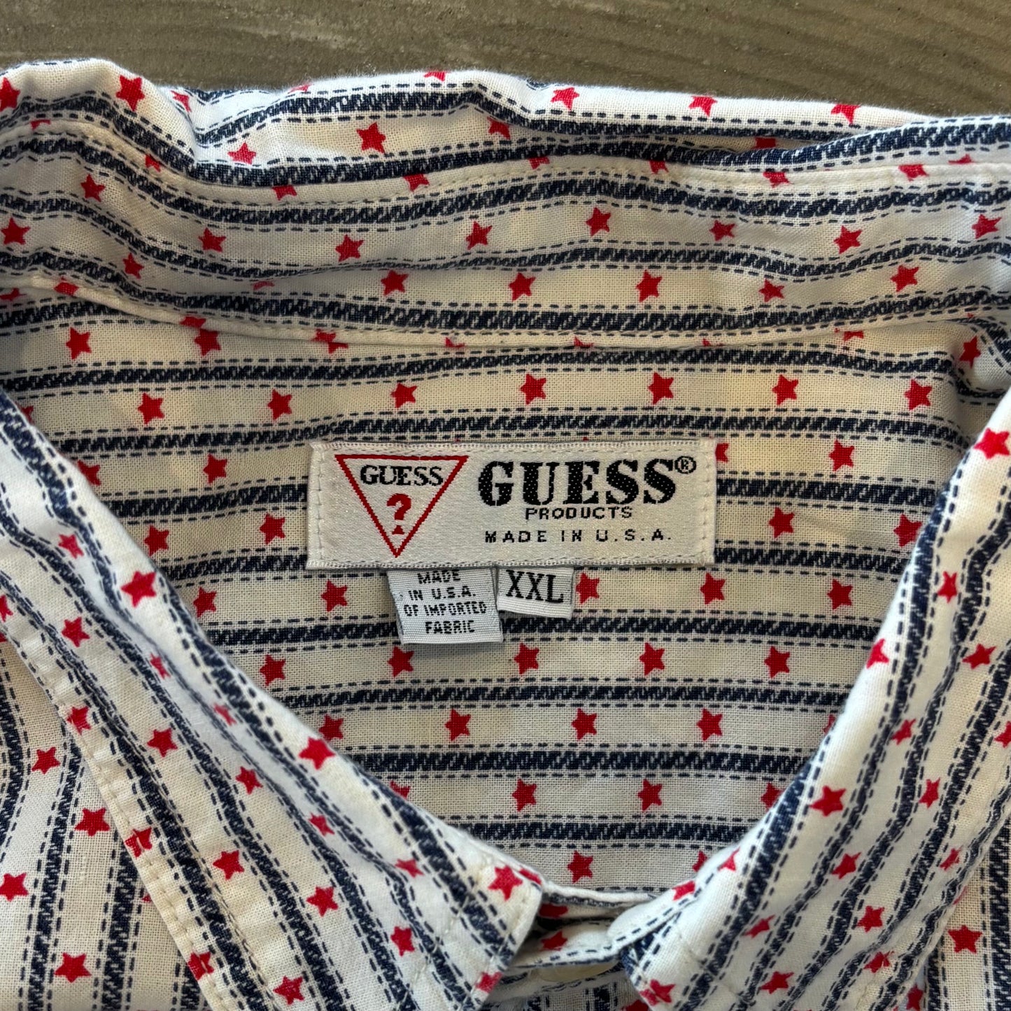 90's GUESS ストライプ コットンシャツ 青赤白 (XXL)/B1554S-SO