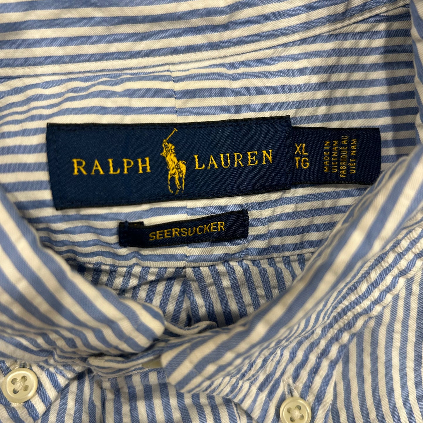 00's Ralph Lauren ラルフローレン 半袖シアサッカーストライプシャツ 白水色(XL)/B2550SH-SO