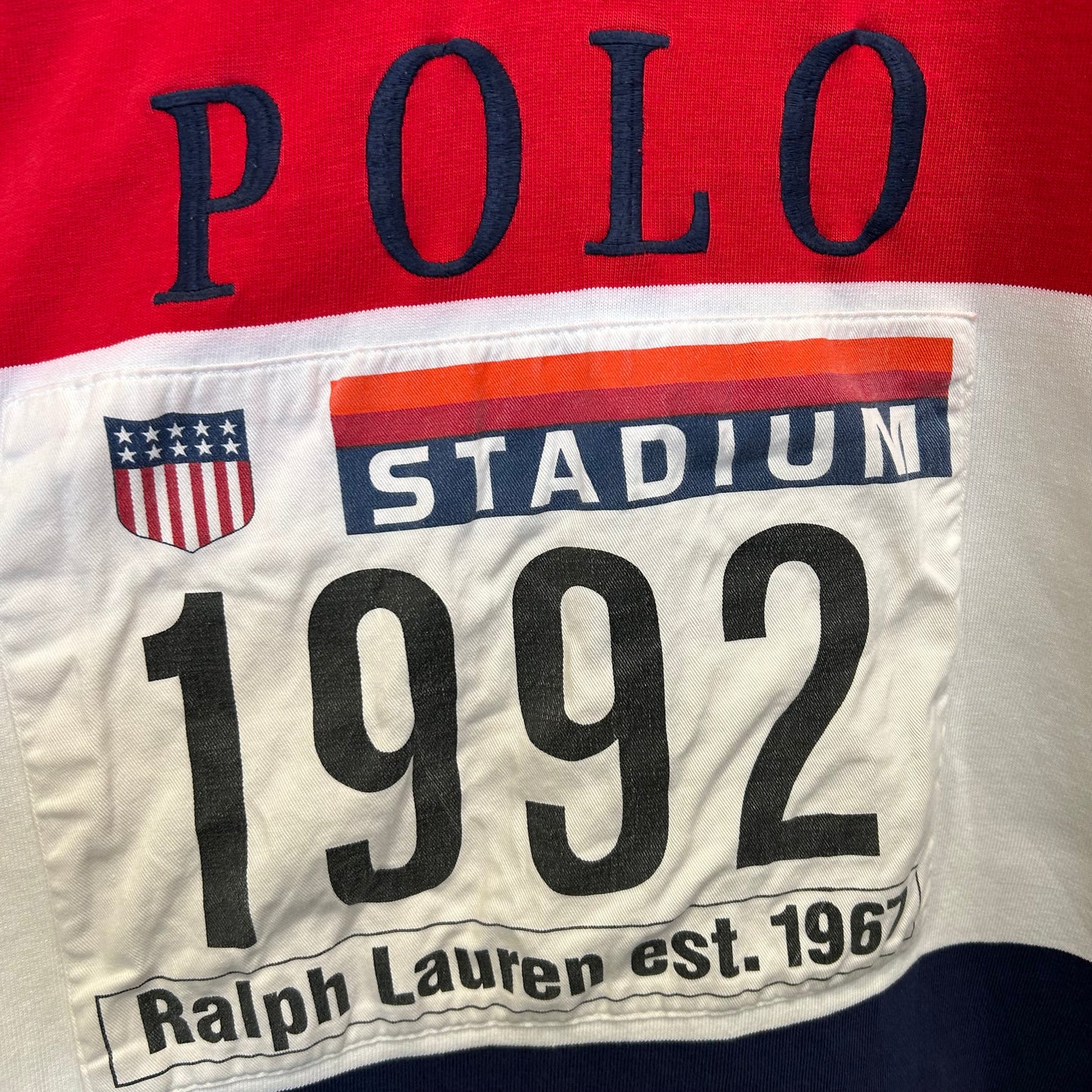 90's Polo Ralph Lauren ラルフローレン"Polo Stadium 1992"OG ラガーシャツ 赤白紺(XL)/B2385T-SO