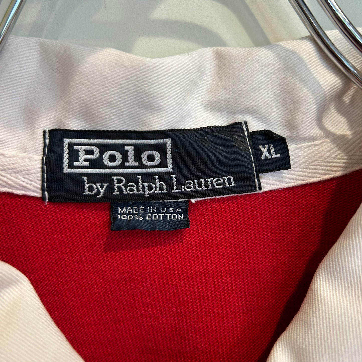 90's Polo Ralph Lauren ラルフローレン"Polo Stadium 1992"OG ラガーシャツ 赤白紺(XL)/B2385T-SO