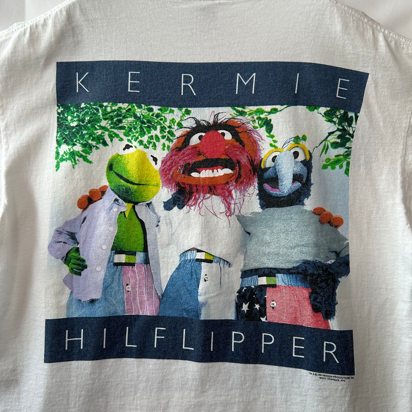 90's Anvil カーミット"KERMIE HILFLIPPER" トミーヒルフィガーパロディー セサミ Tシャツ 白(L)/B2090T-SO
