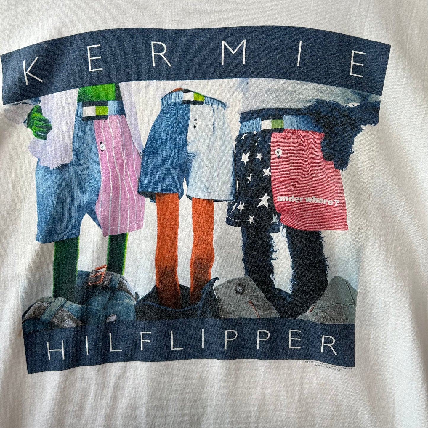 90's Anvil カーミット"KERMIE HILFLIPPER" トミーヒルフィガーパロディー セサミ Tシャツ 白(L)/B2090T-SO