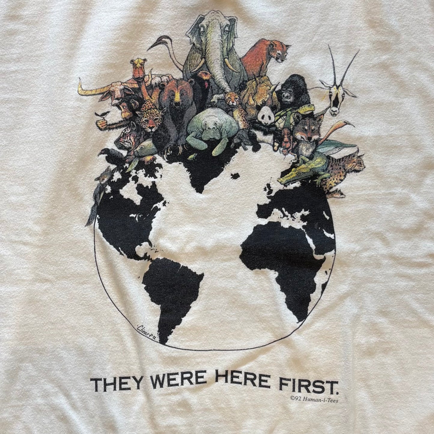 90's ECO SPORT THEY WERE HERE FIRST 地球 動物 アートTシャツ 白 (XXL)/B2015T-SO