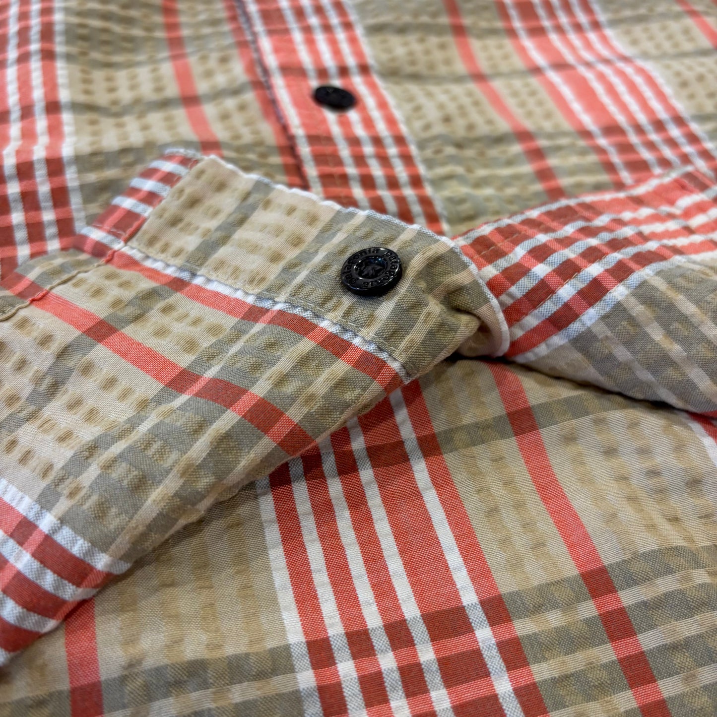 SP13 Patagonia パタゴニア "Puckerware Shirt"シアサッカー 半袖チェックシャツ ベージュ (XL)/B3655SH-SO