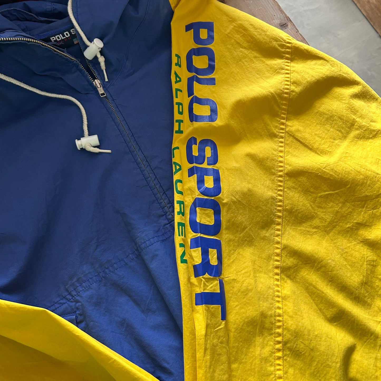 90's Polo Sport ポロスポーツ ラルフローレン コットンパーカー 袖プリント 黄青(L)/B0116J-SO