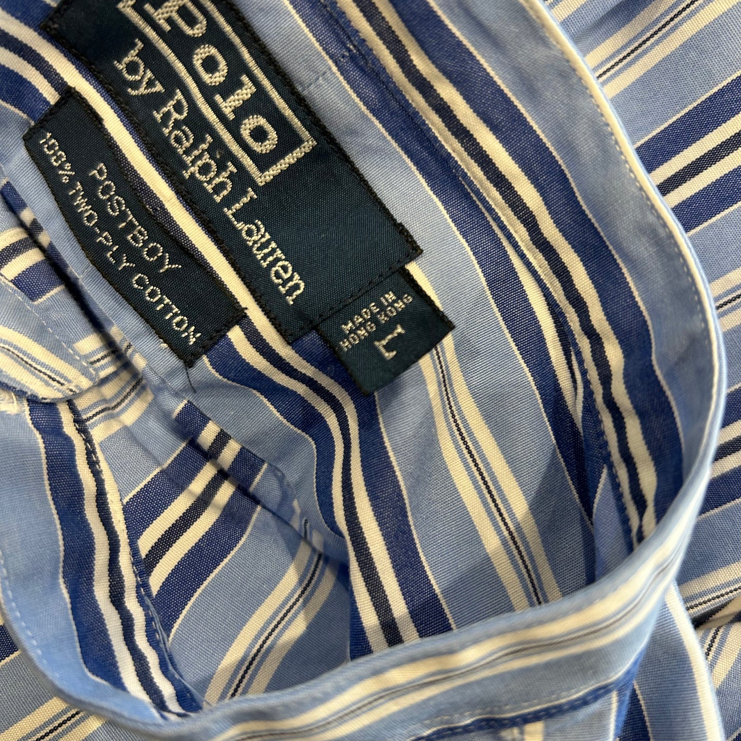 90's Polo Ralph Lauren ラルフローレン”POSTBOY”バンドカラーストライプシャツ 青白(L)/A6880SH-SO