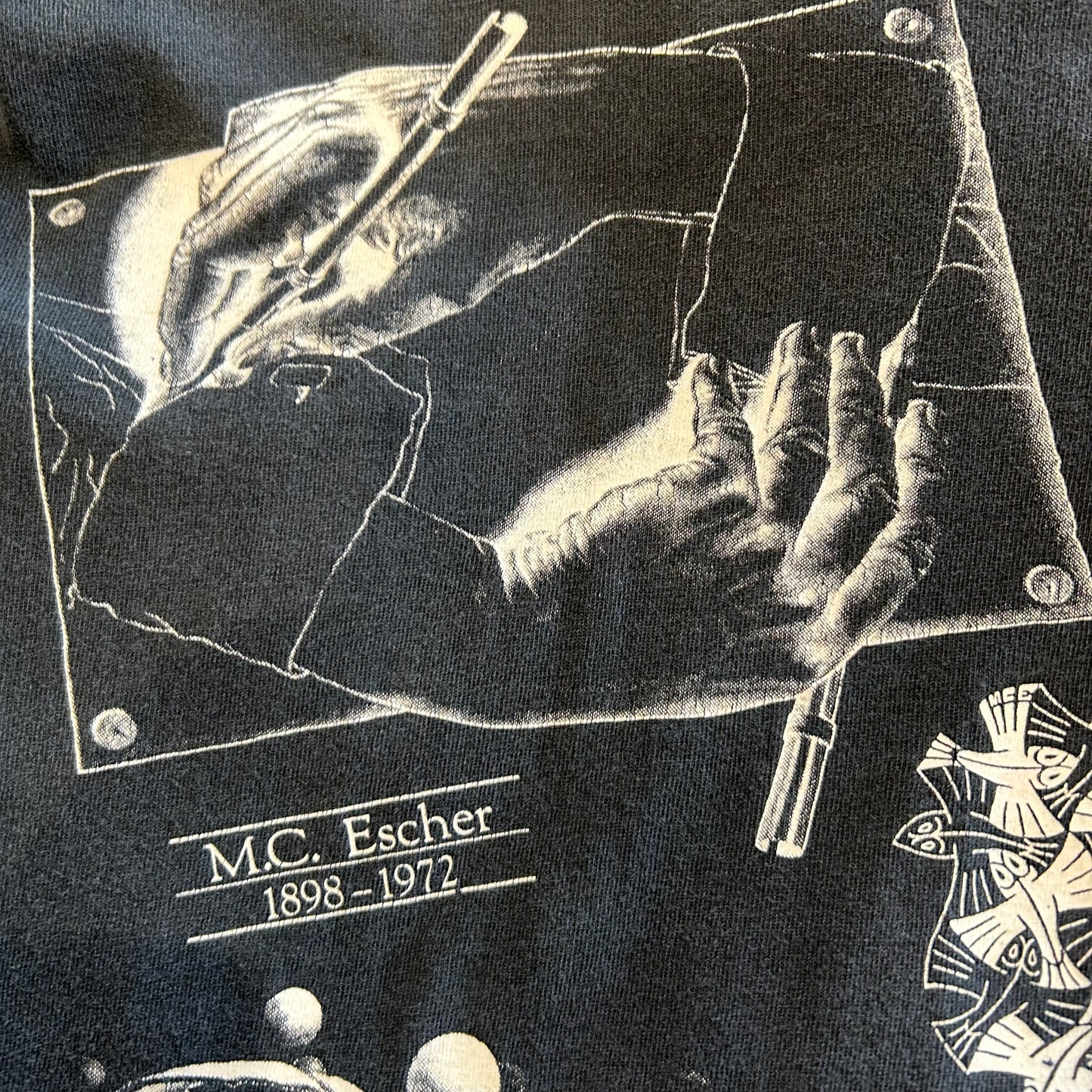 90's M.C.Escher エッシャー アートマルチプリントTシャツ ANDZIA 黒(L)/A7184T-SO