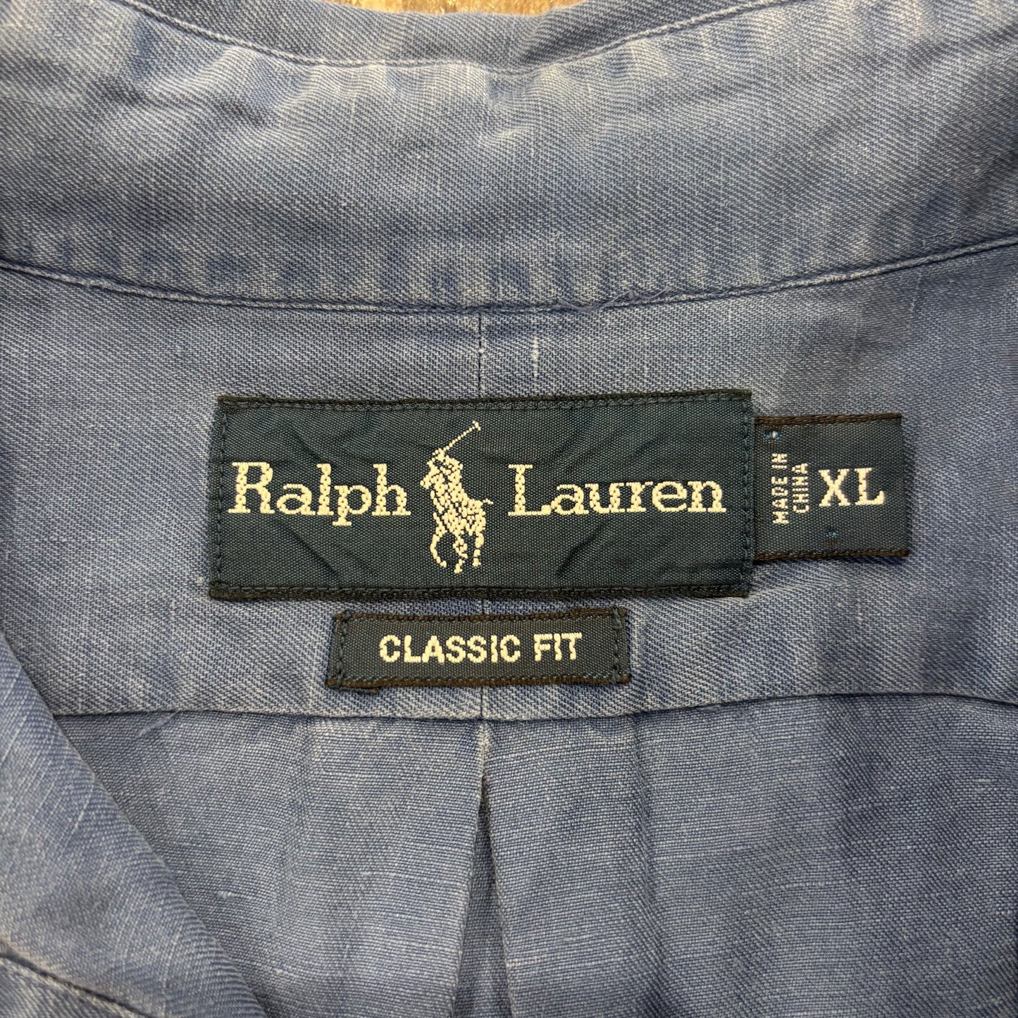 00's Ralph Lauren 半袖 ボタンダウンリネンシャツ 青 XL/A2994SH-SO