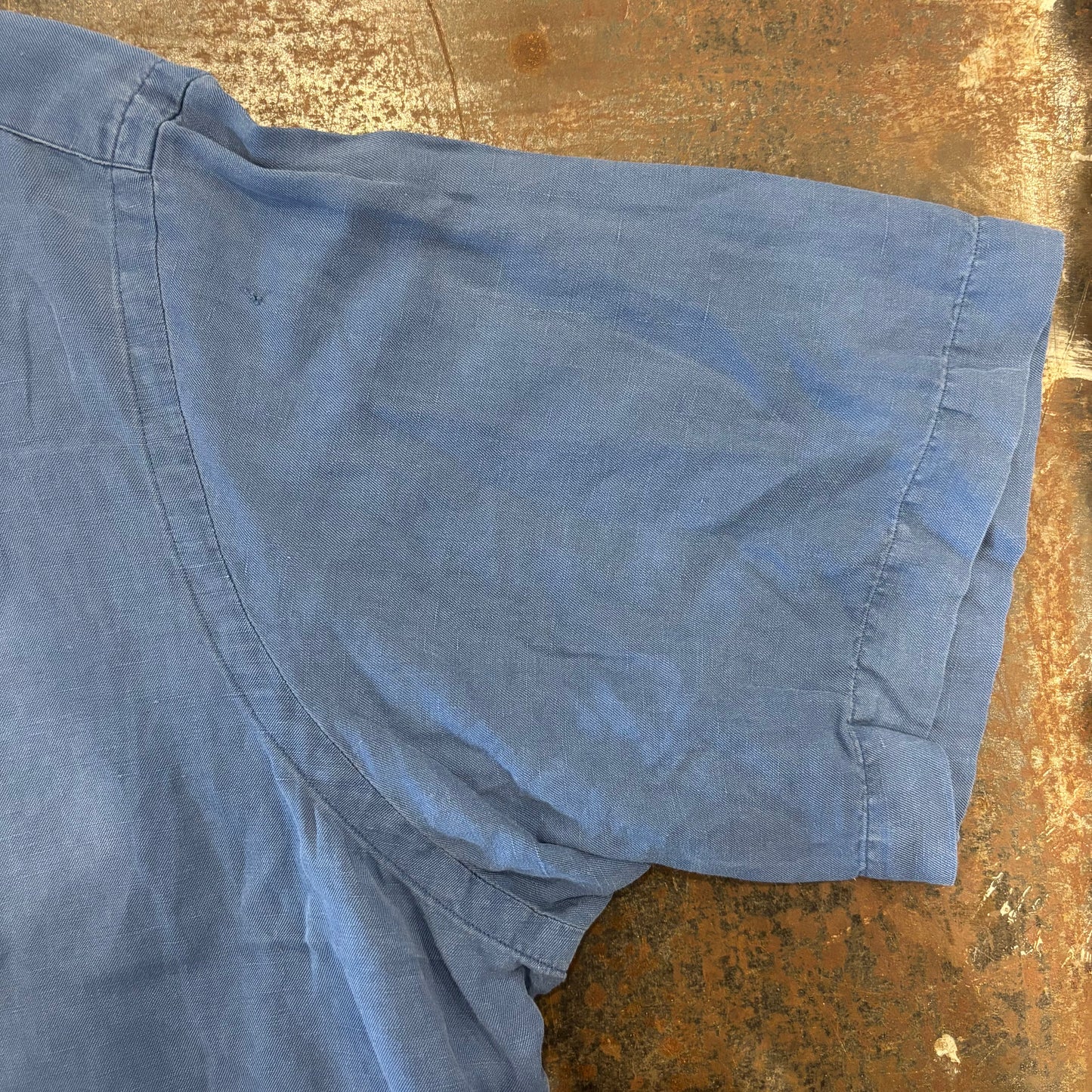 00's Ralph Lauren 半袖 ボタンダウンリネンシャツ 青 XL/A2994SH-SO