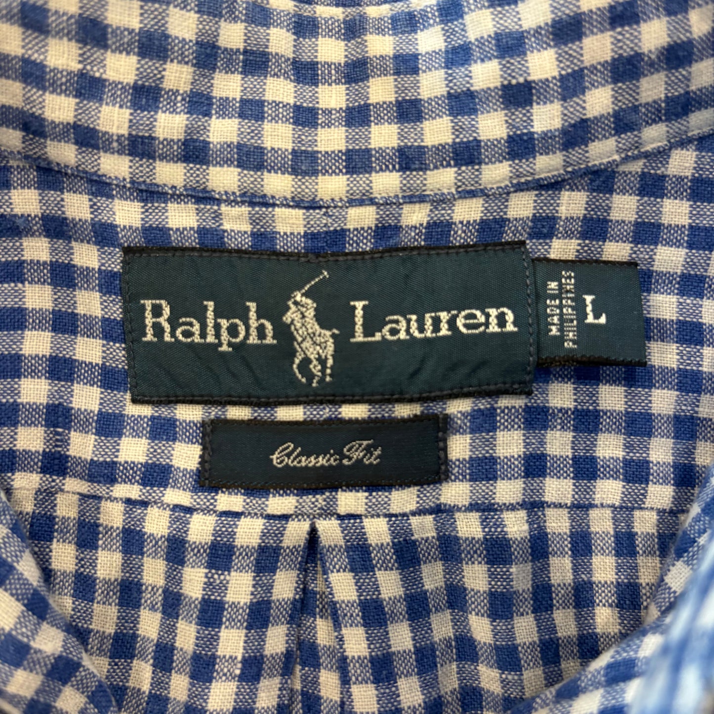 00's Ralph Lauren ラルフ 半袖 ギンガムチェック ボタンダウンリネンシャツ 青白 L/A4331SH-SO