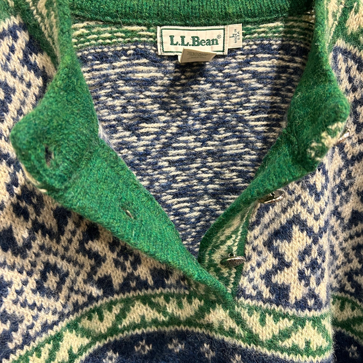 90's L.L.Bean エルエルビーン ノルディック柄 コンチョボタンヘンリーネックニット 青緑(L)/A8673K-SO