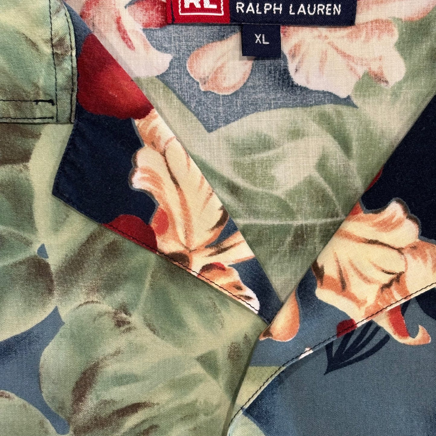 00's CHAPS Ralph Lauren レーヨン/コットン 花柄オープンカラーシャツ 紺赤緑 (XL)/A3729S-SO
