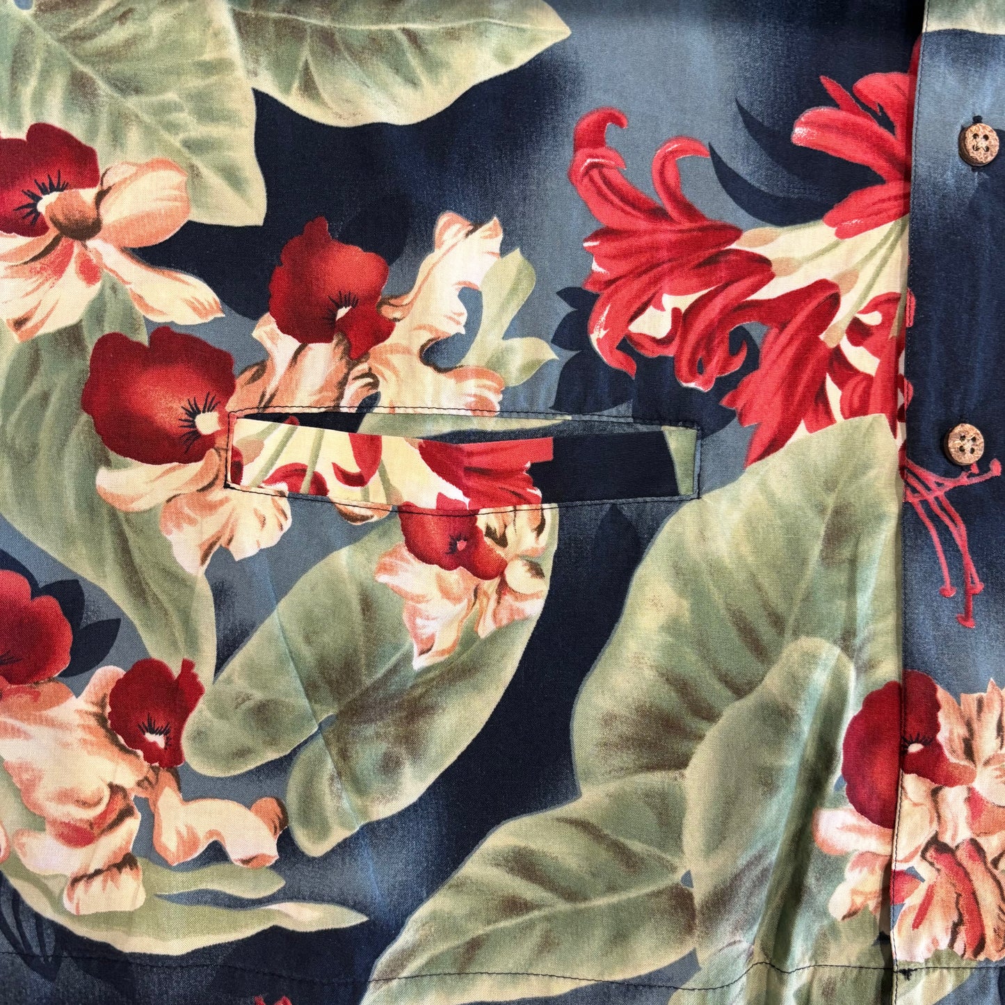 00's CHAPS Ralph Lauren レーヨン/コットン 花柄オープンカラーシャツ 紺赤緑 (XL)/A3729S-SO