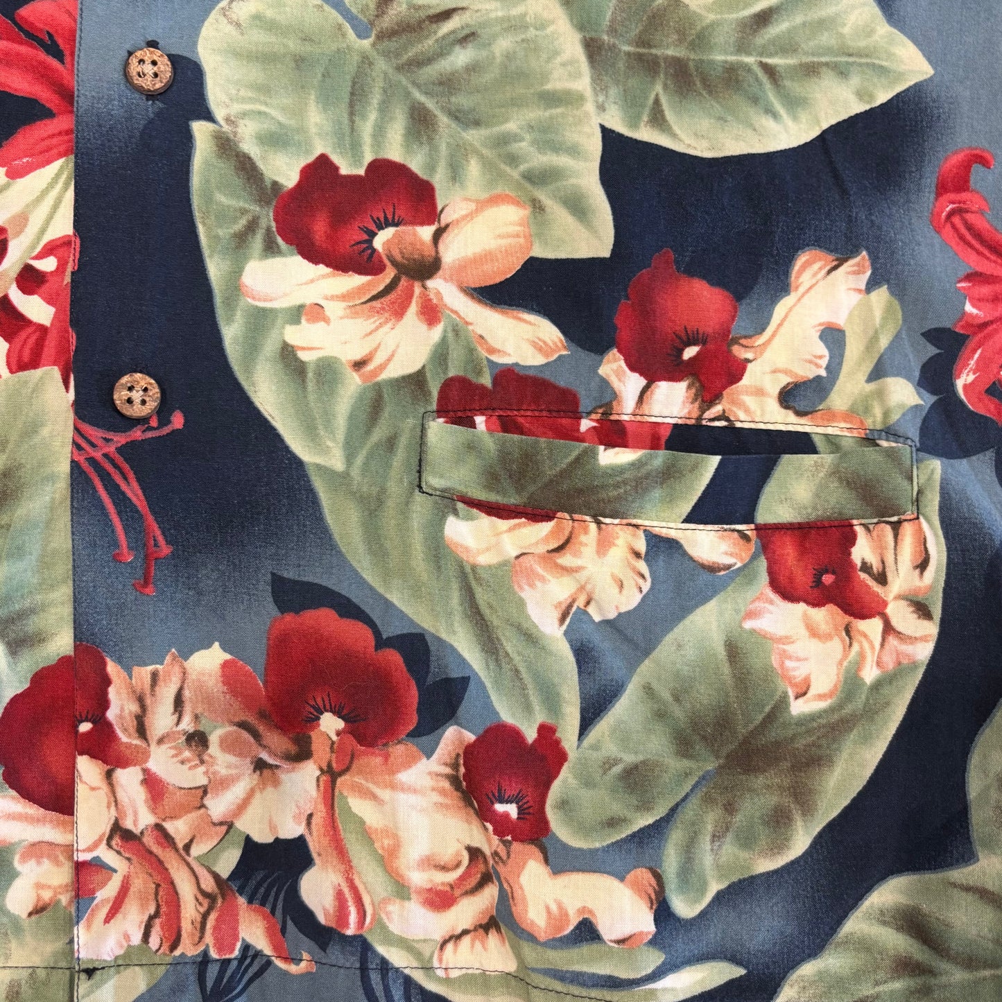 00's CHAPS Ralph Lauren レーヨン/コットン 花柄オープンカラーシャツ 紺赤緑 (XL)/A3729S-SO