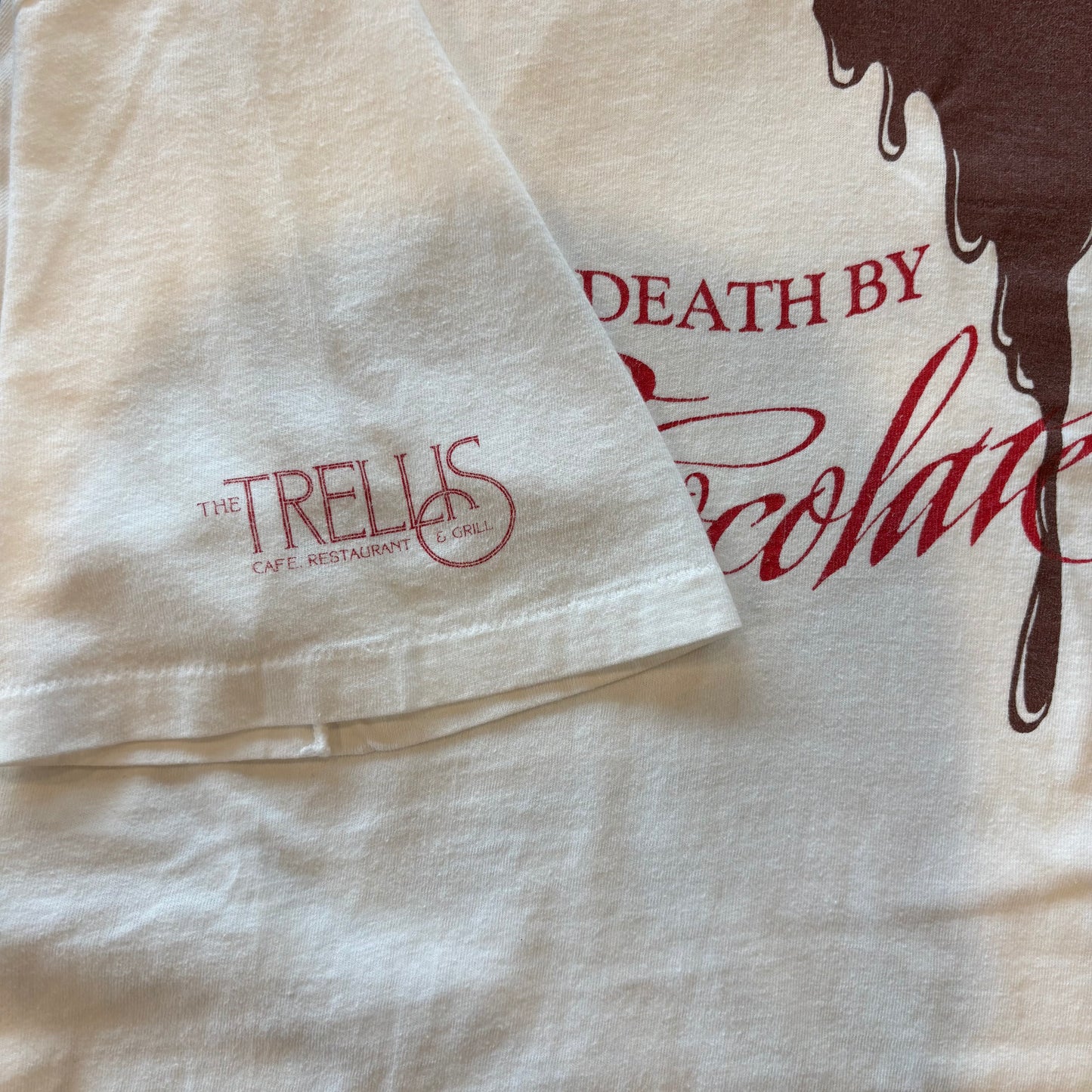 90's Hanes DEATH BY Chocolate THE TRELLIS CAFE.RESTAURANT&GRILL 企業Tシャツ 白 XL/A3837T-SO