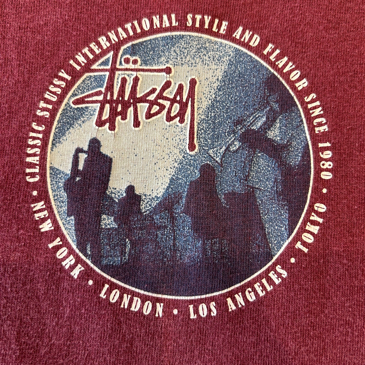 90's Stussy ステューシー プリントTシャツ USA製 バーガンディー(M)/B2525T-SO