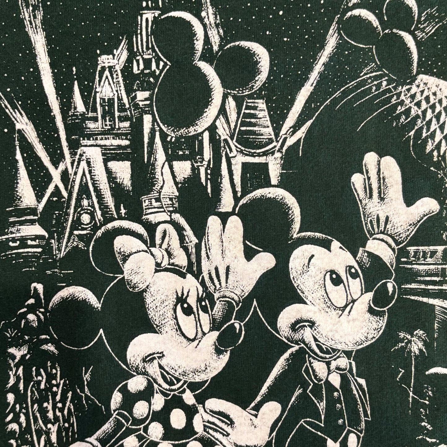 90's Disney ミッキー&ミニー 宇宙 アトラクション ディズニーTシャツ 緑 (サイズ不明)/B2183T-SO