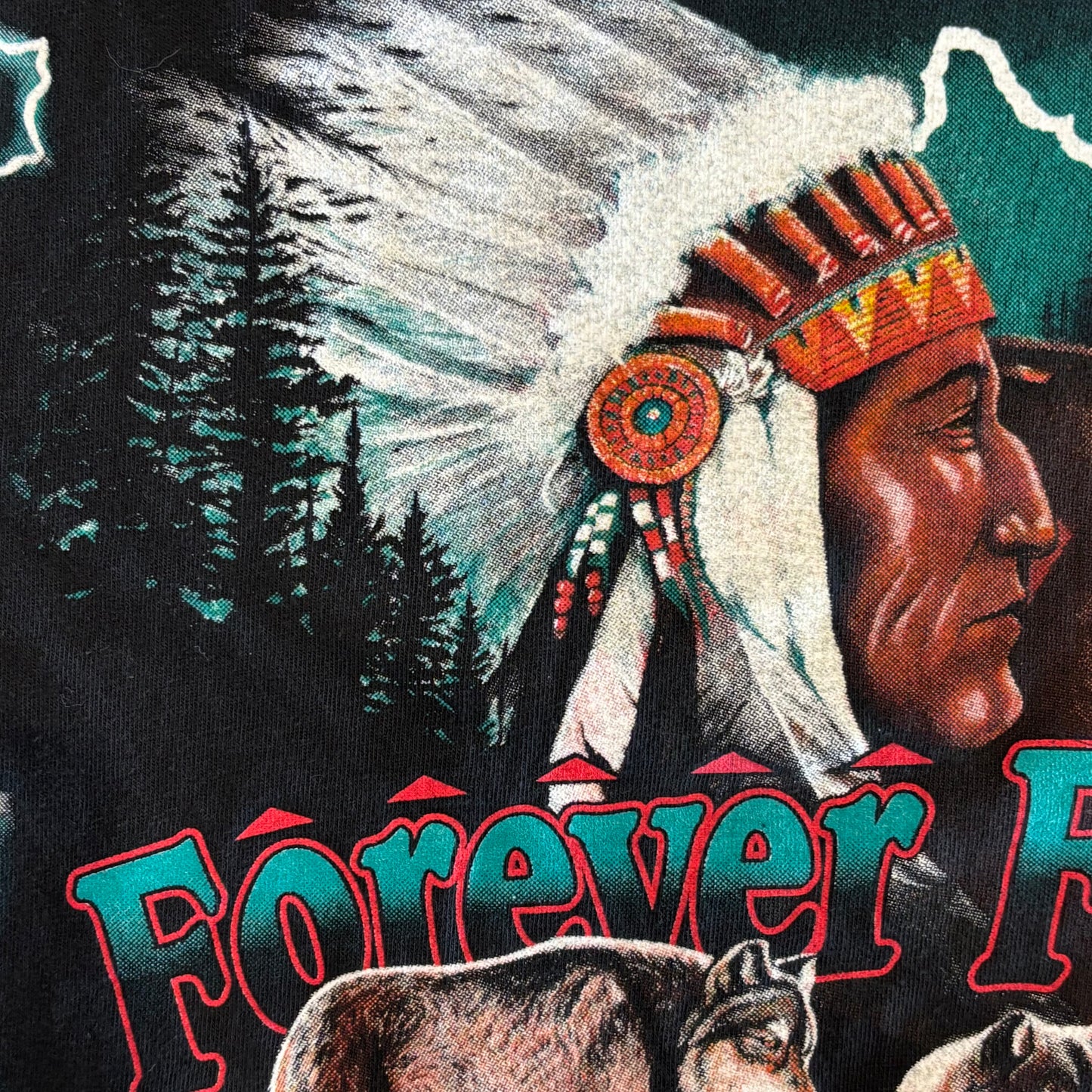 90's American Thunder Forever Free 狼 プリントTシャツ 黒 (2XL)/B2732T-SO