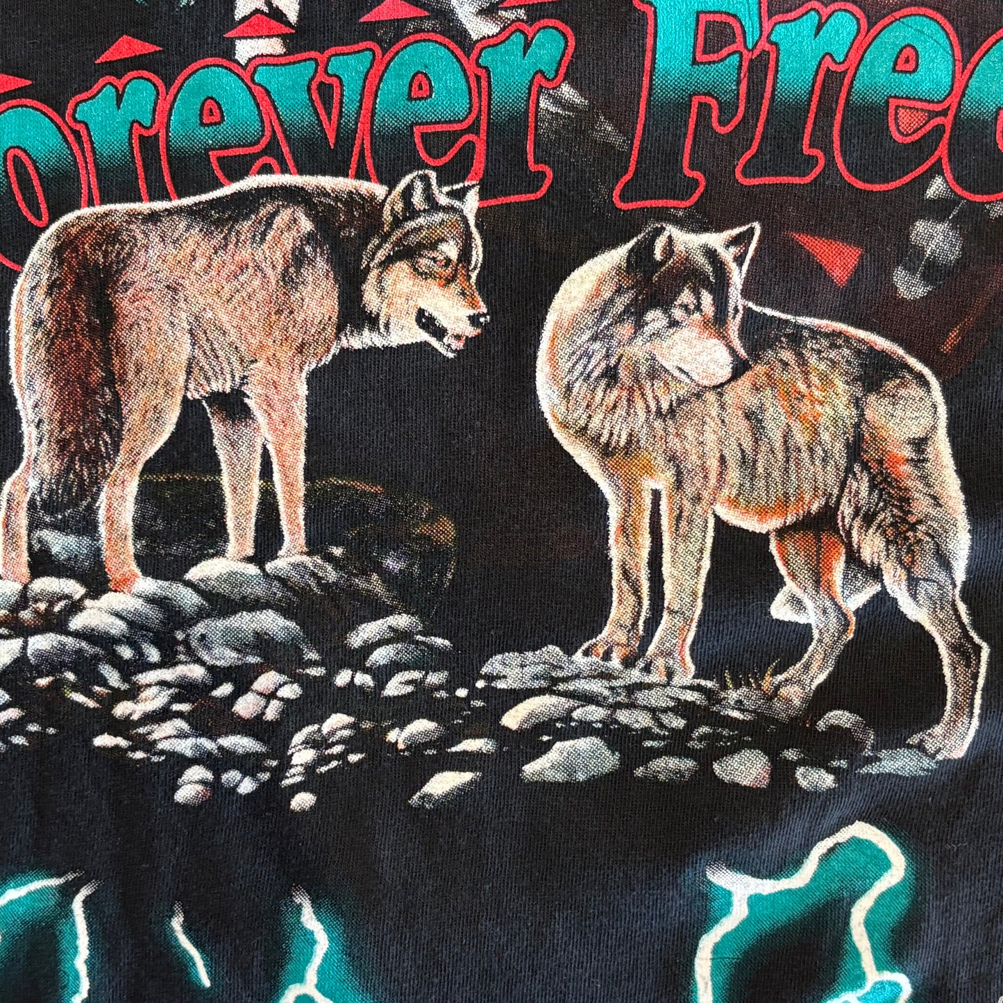 90's American Thunder Forever Free 狼 プリントTシャツ 黒 (2XL)/B2732T-SO