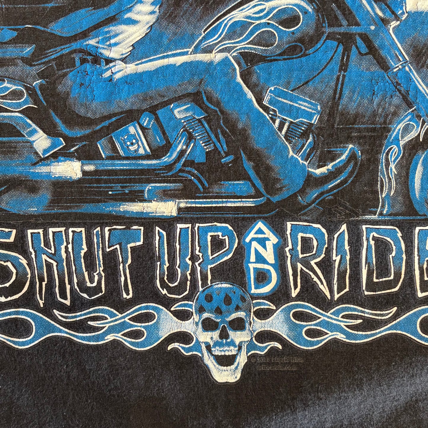 00's DELTA SHUT UP AND RIDE Ocean City Liquid Blue ストームライダー プリントTシャツ 黒 (XL)/B2521T-SO