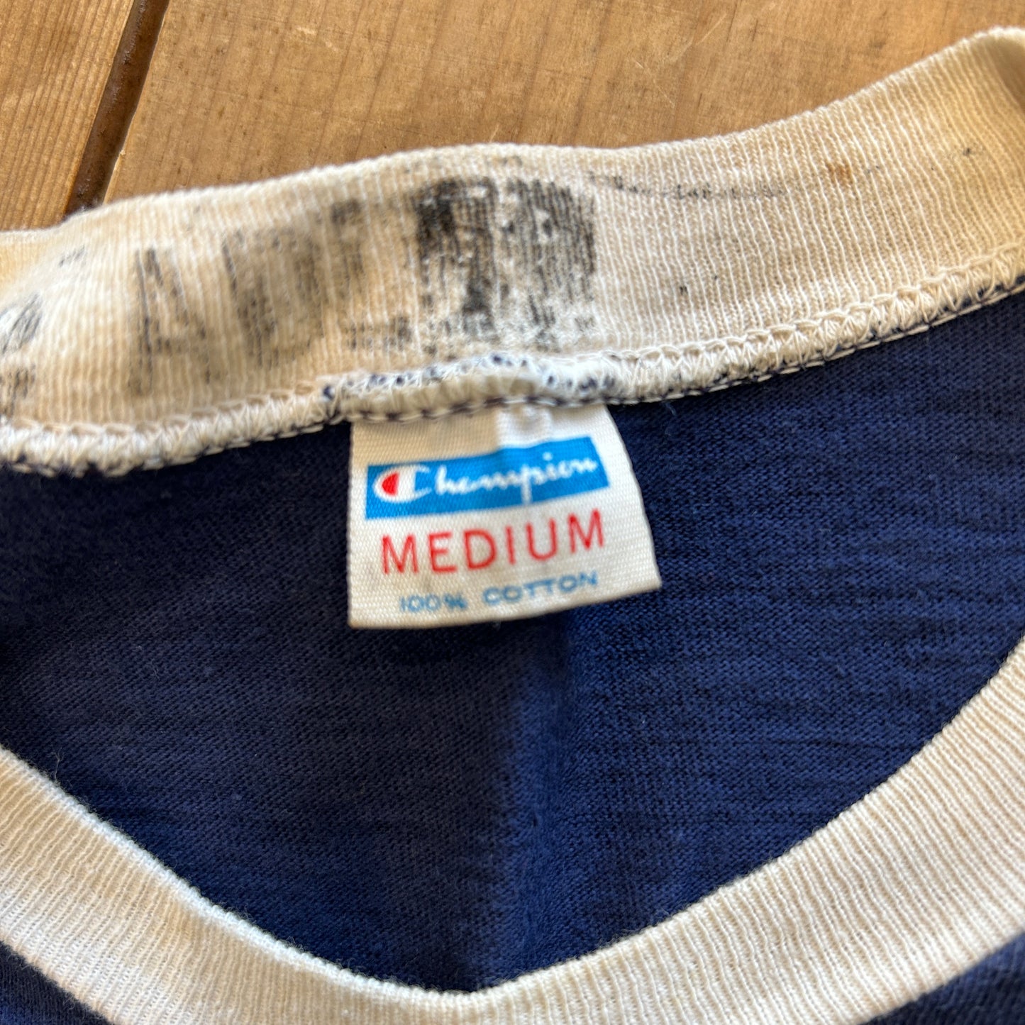 70's Champion チャンピオン バータグ トリムTシャツ リンガー 紺白(M)/A7553T-SO