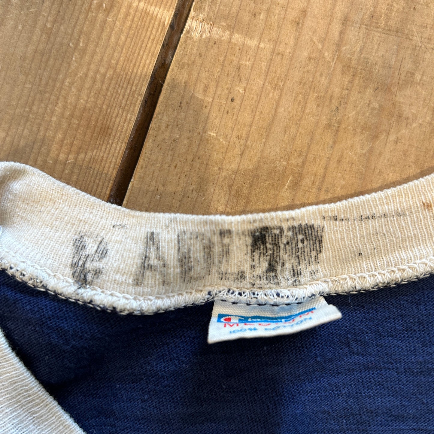 70's Champion チャンピオン バータグ トリムTシャツ リンガー 紺白(M)/A7553T-SO