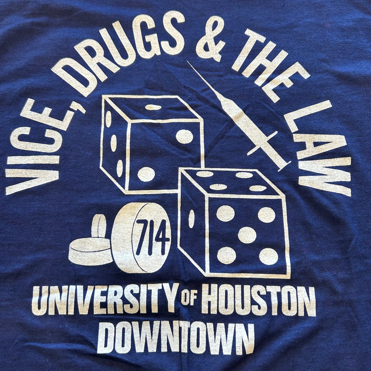70's Hanes vice Drugs&the law ヒューストン大学 カレッジTシャツ紺色(L)/A6362T-SO