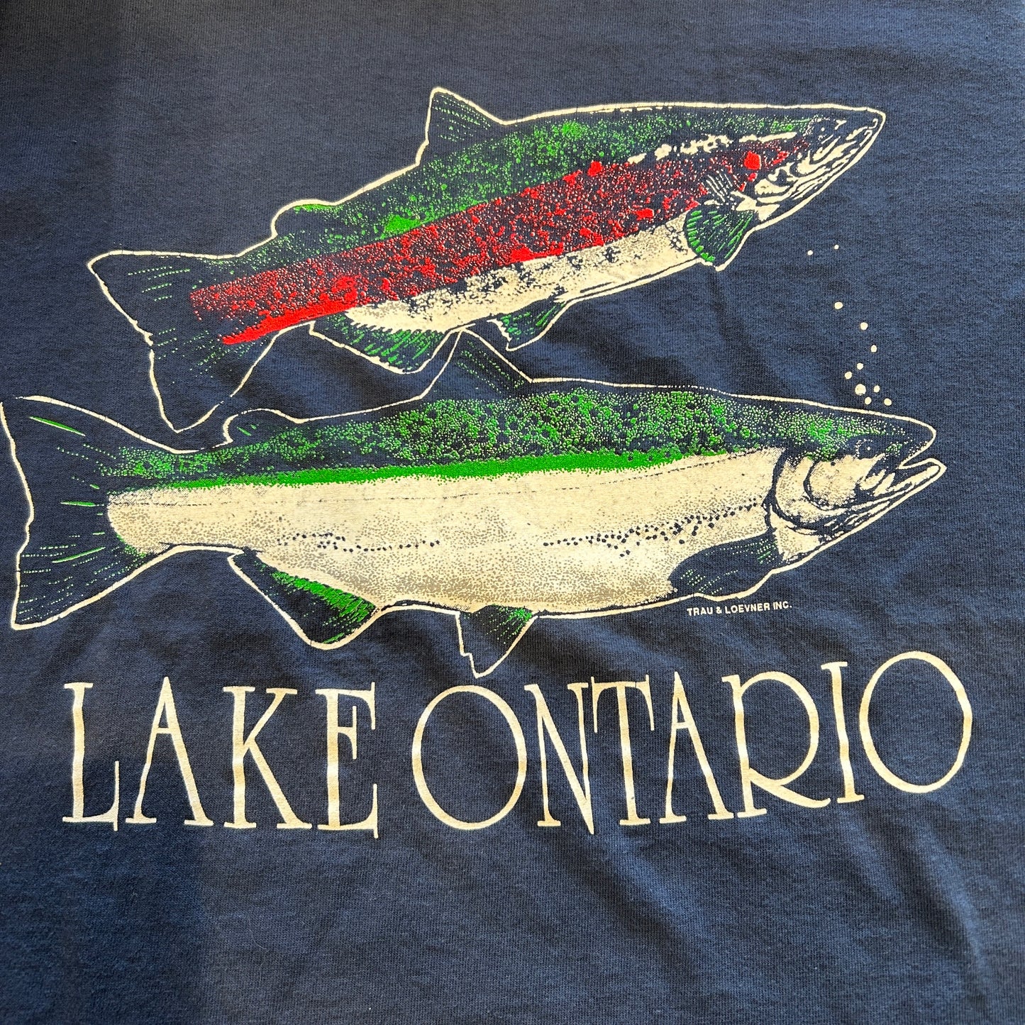 90's Savvy LAKE ONTARIO オンタリオ湖プリントTシャツ トラウト サーモン 紺(L)/A7386T-SO