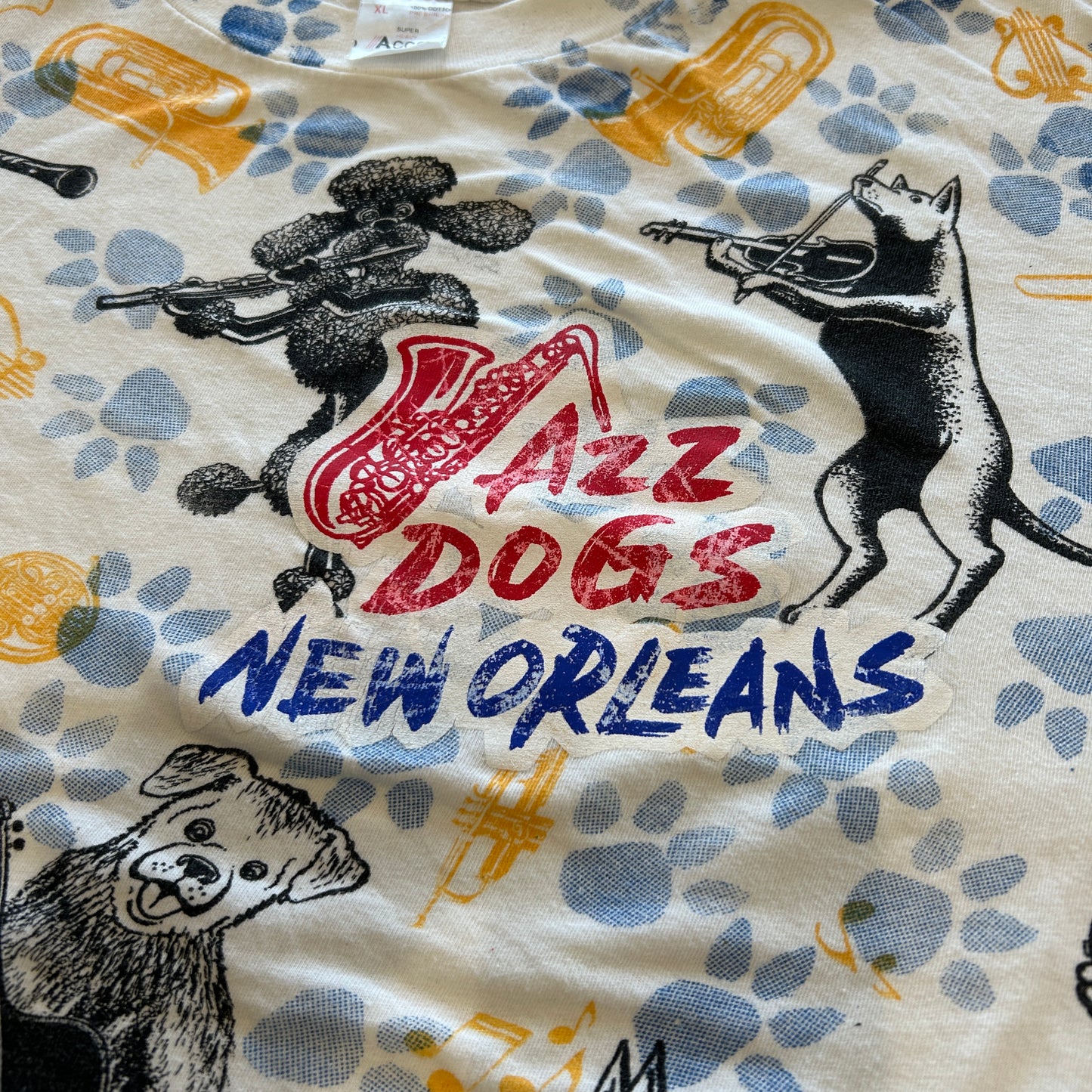90's "JAZZ DOGS NEW ORLEANS" Tシャツ 総柄 ホワイト (XL)/A7558T-SO
