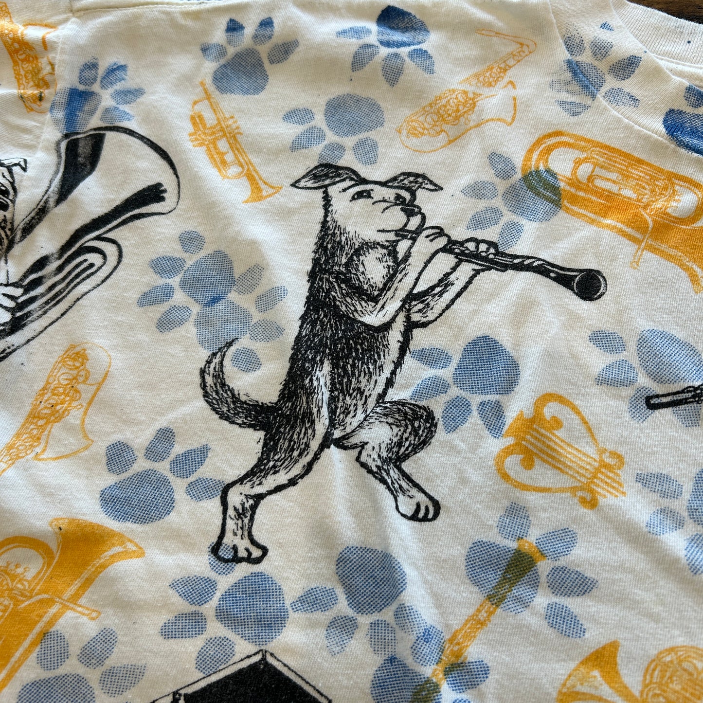 90's "JAZZ DOGS NEW ORLEANS" Tシャツ 総柄 ホワイト (XL)/A7558T-SO