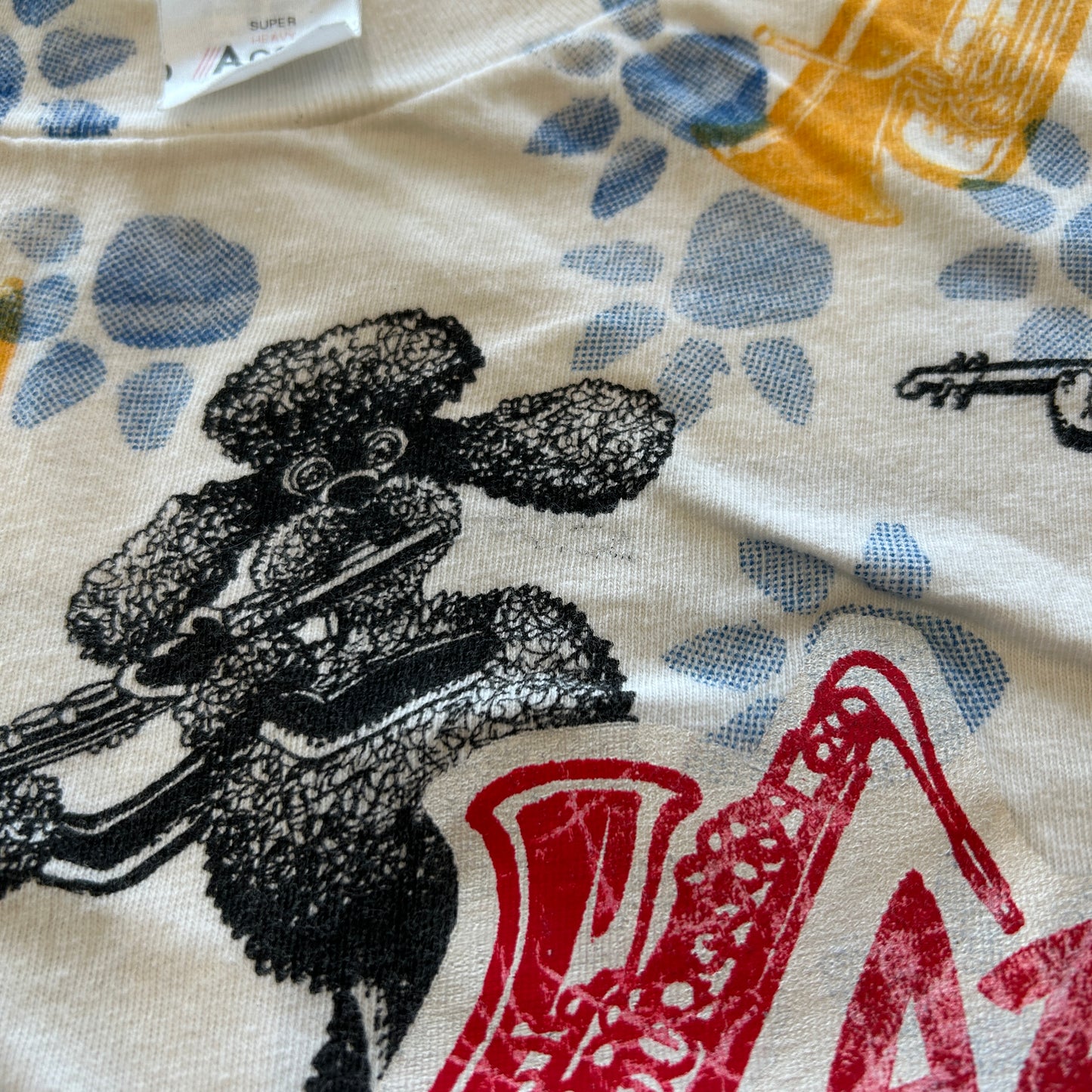 90's "JAZZ DOGS NEW ORLEANS" Tシャツ 総柄 ホワイト (XL)/A7558T-SO