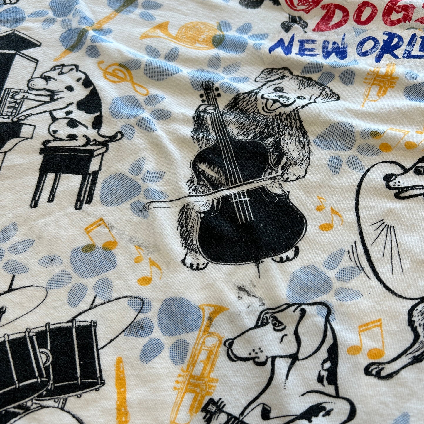 90's "JAZZ DOGS NEW ORLEANS" Tシャツ 総柄 ホワイト (XL)/A7558T-SO