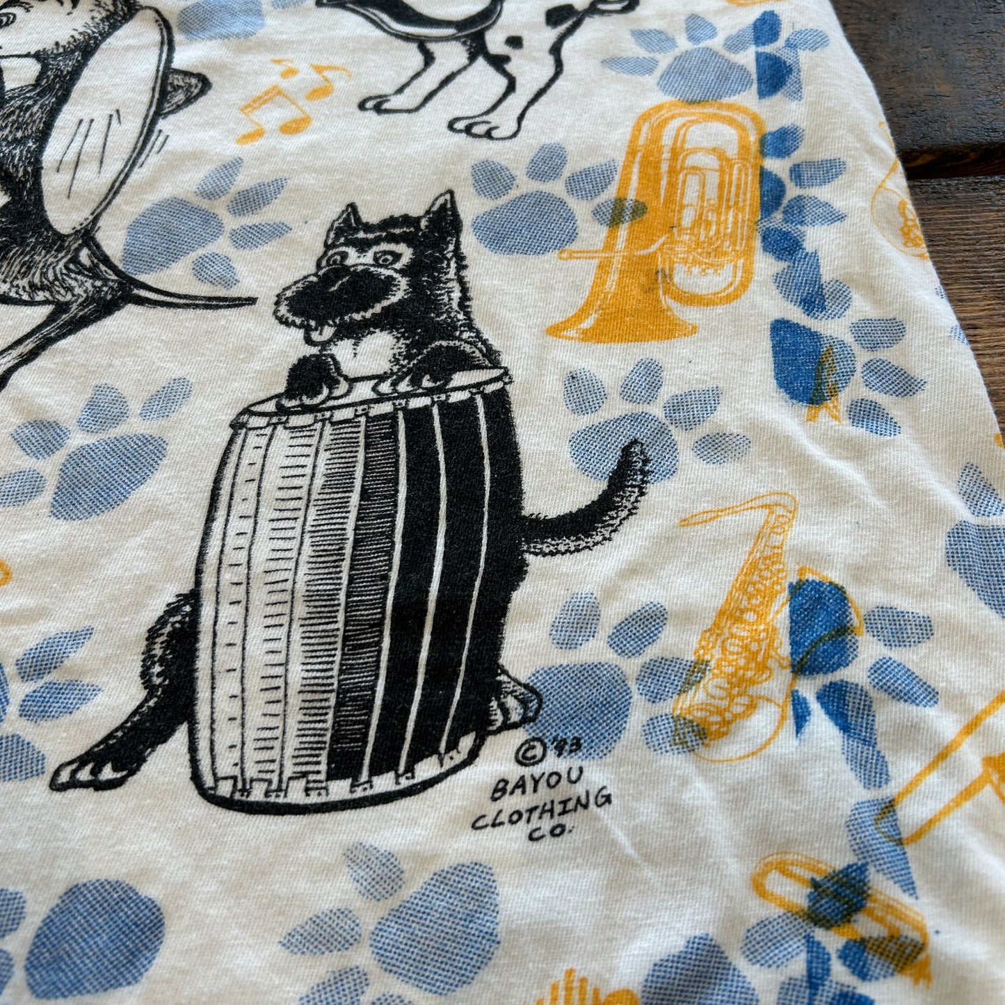 90's "JAZZ DOGS NEW ORLEANS" Tシャツ 総柄 ホワイト (XL)/A7558T-SO