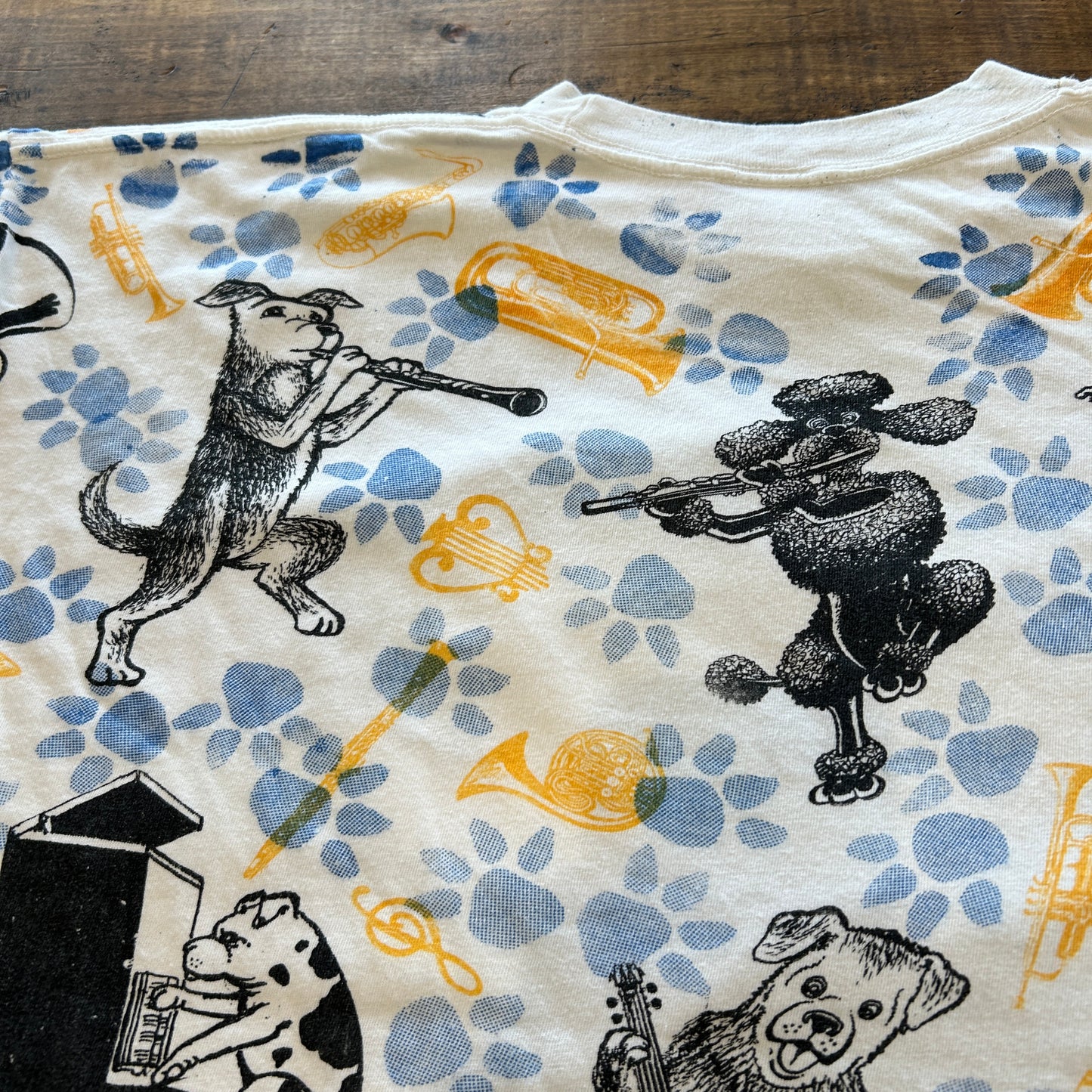 90's "JAZZ DOGS NEW ORLEANS" Tシャツ 総柄 ホワイト (XL)/A7558T-SO