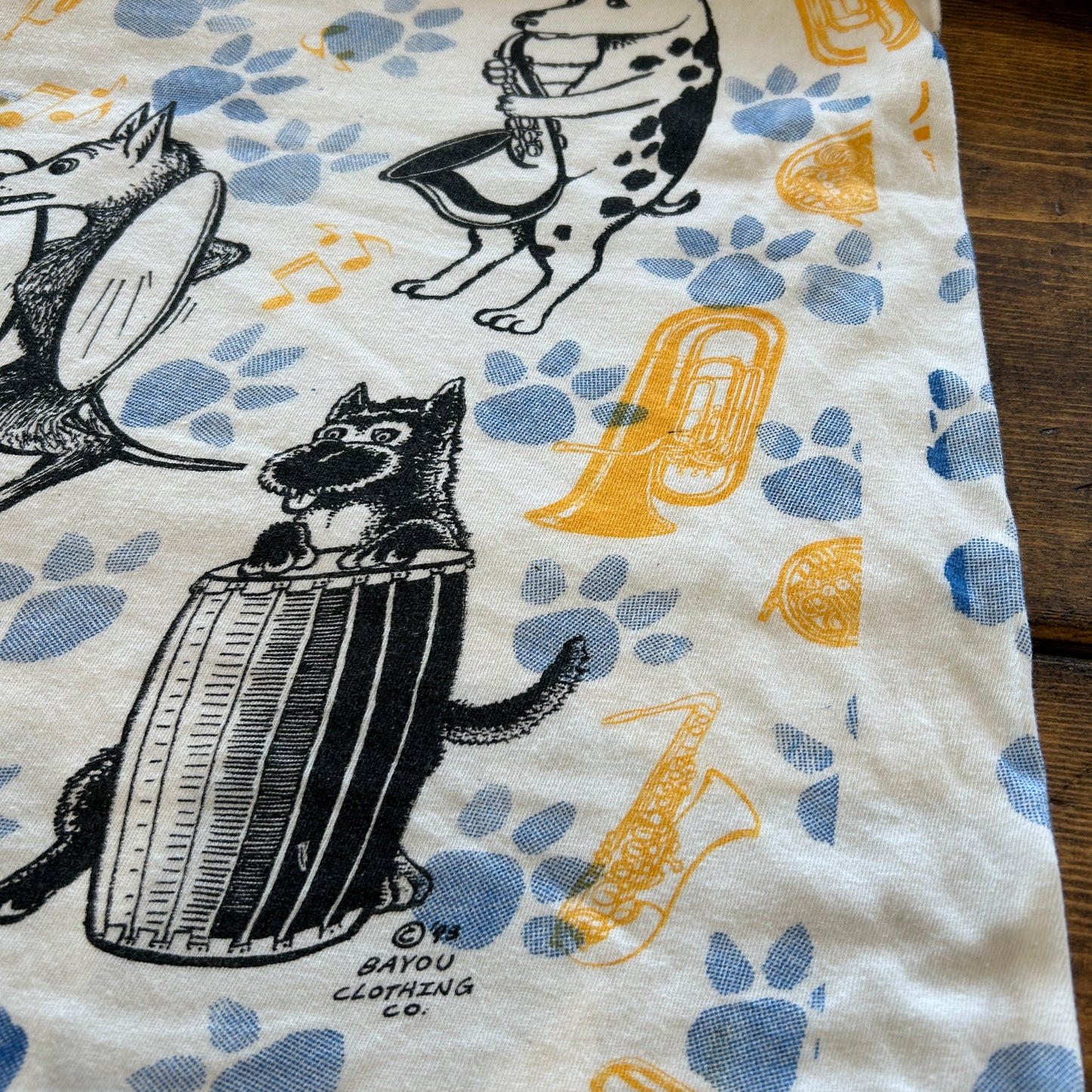 90's "JAZZ DOGS NEW ORLEANS" Tシャツ 総柄 ホワイト (XL)/A7558T-SO
