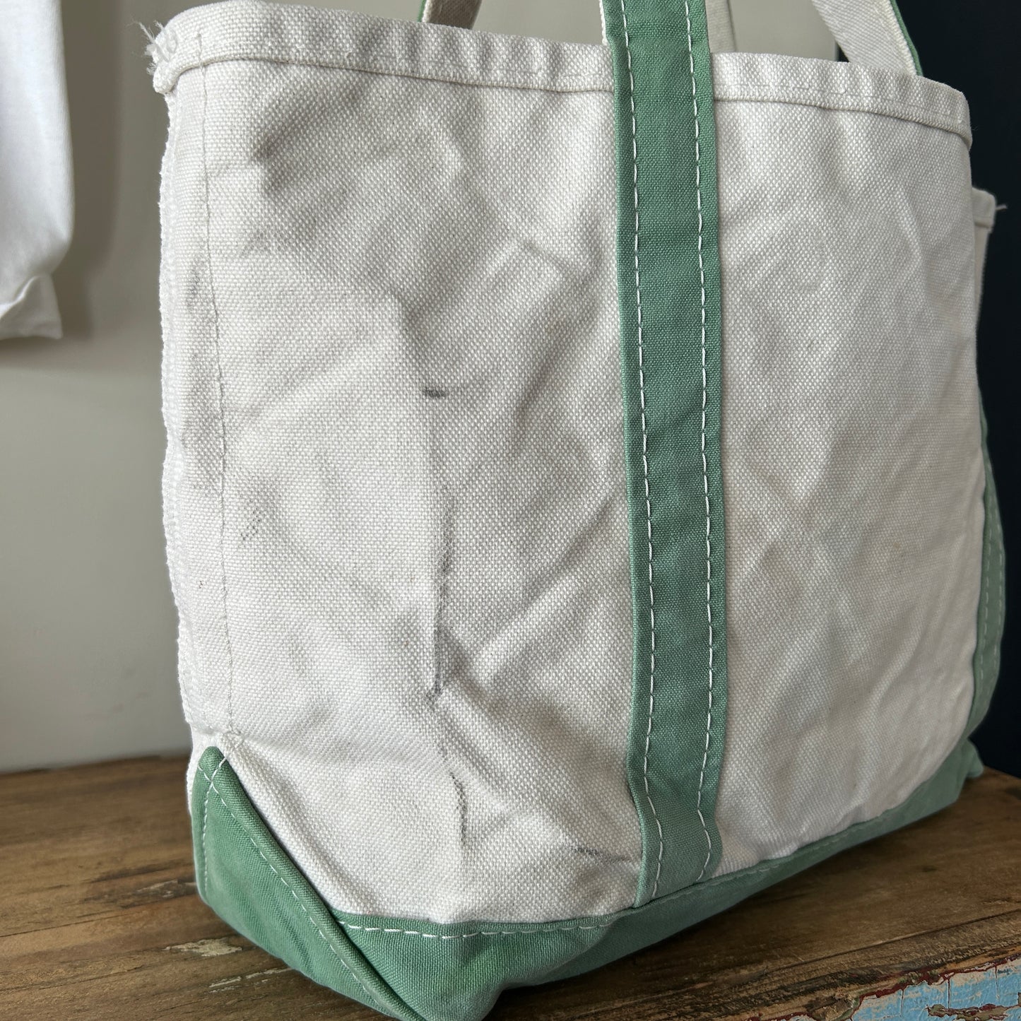 90's L.L.Bean Boat&Tote キャンバストート 白薄緑/B0996AC-SO