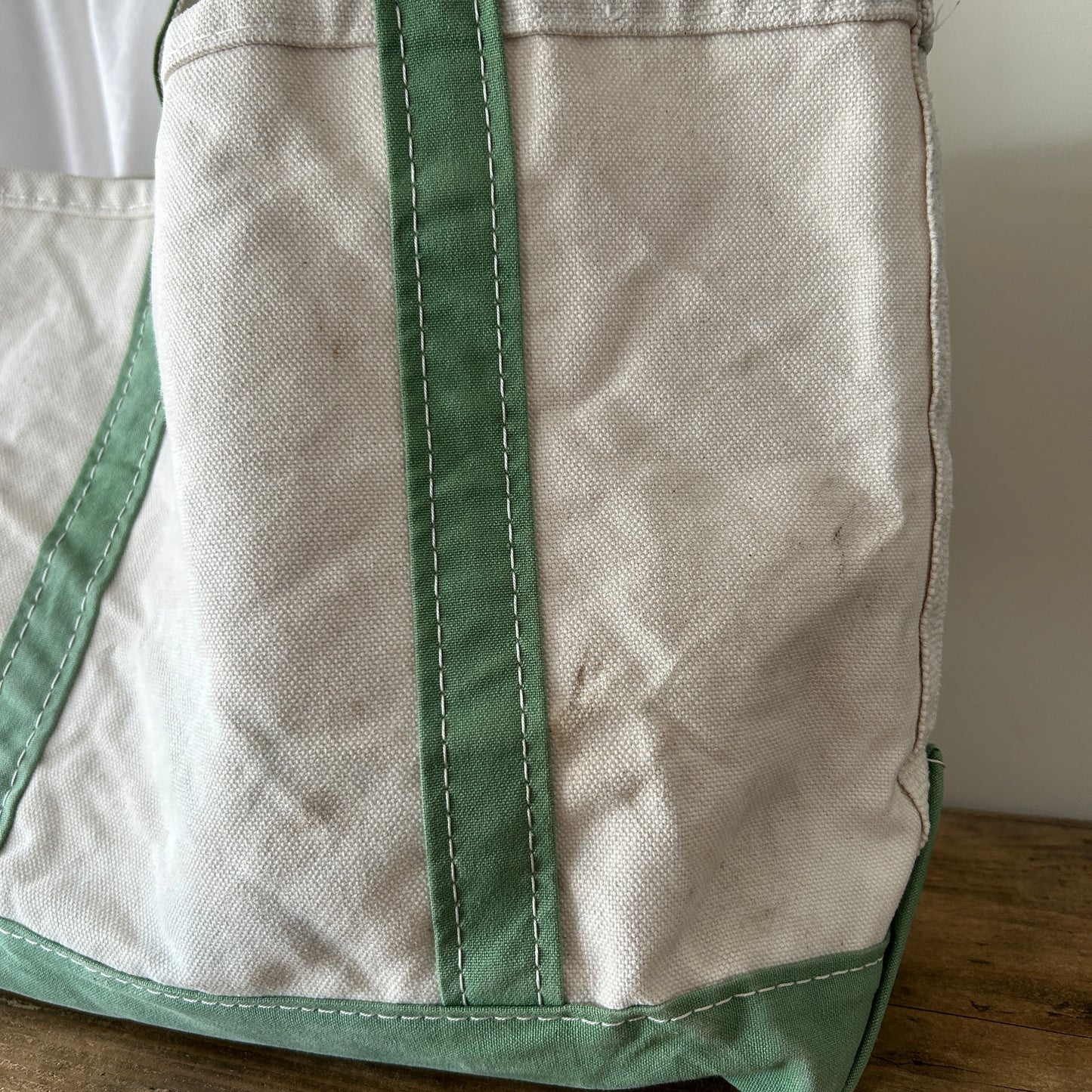 90's L.L.Bean Boat&Tote キャンバストート 白薄緑/B0996AC-SO