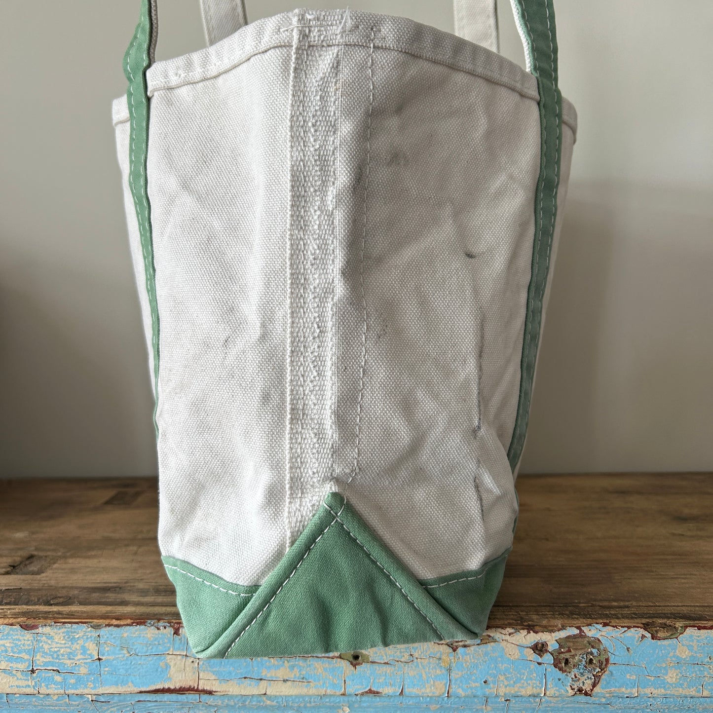 90's L.L.Bean Boat&Tote キャンバストート 白薄緑/B0996AC-SO