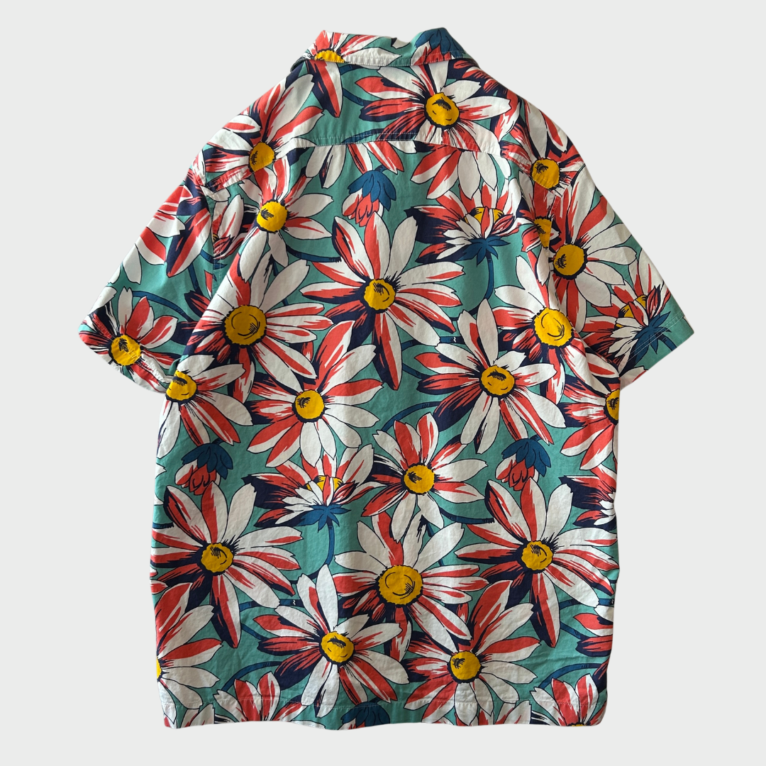 00's J.Crew トロピカル柄 オープンカラー アロハシャツ 水色 (M)B3657SH-SO