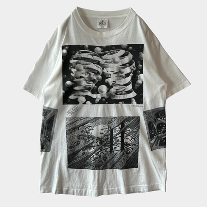 90's M.C.Escher エッシャー アートマルチプリントTシャツ ホワイト ANDAZIA (L)/C1067T-SO