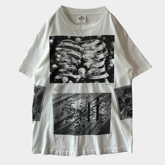 90's M.C.Escher エッシャー アートマルチプリントTシャツ ホワイト ANDAZIA (L)/C1067T-SO