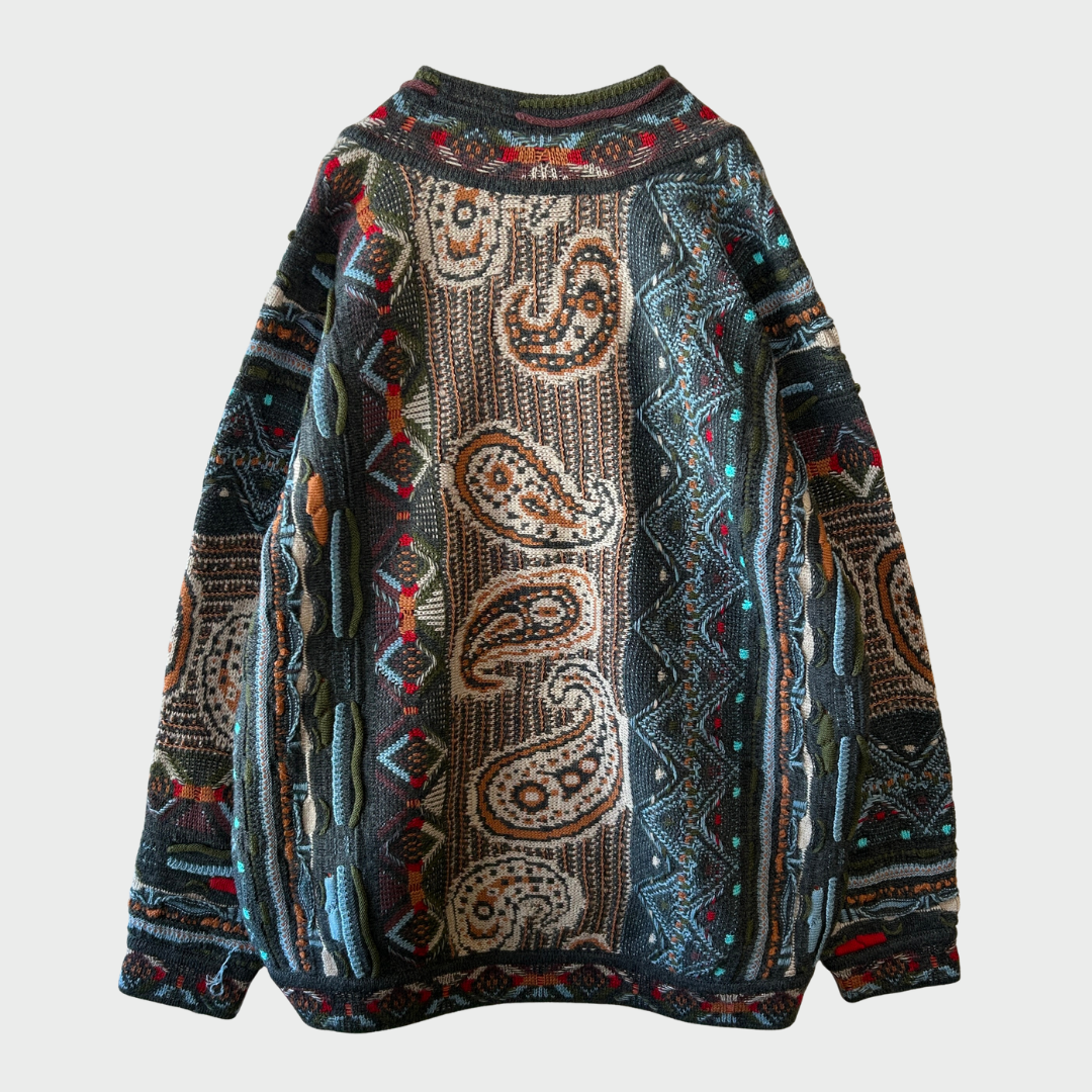 90's COOGI クージー 総柄 Vネック 3Dニット セーター マルチカラー (XL) /B3391K-SO