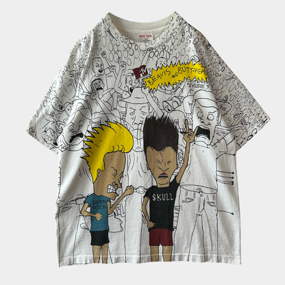 90's Beavis and Butt-Head ビーバスアンドバットヘッド  オールオーバープリントTシャツ MTV 白(XL)/B2173-SO