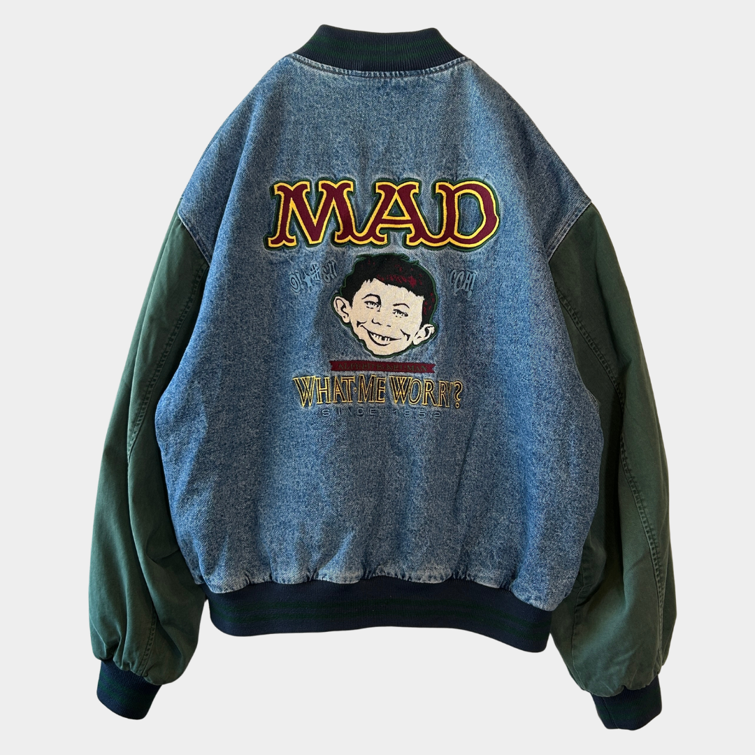 90's MAD MAGAZINE DCコミック アルフレッド・E・ニューマン デニムスタジャン (XL)/C0111J-SO