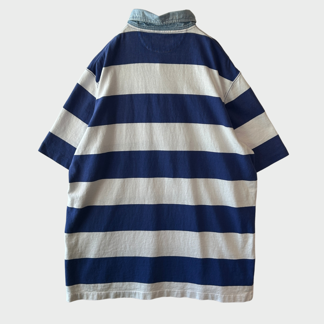 00's Ralph Lauren ラルフローレン 襟シャンブレー ボーダー ラガーシャツ ポロシャツ 青白 (L) B3693T-SO